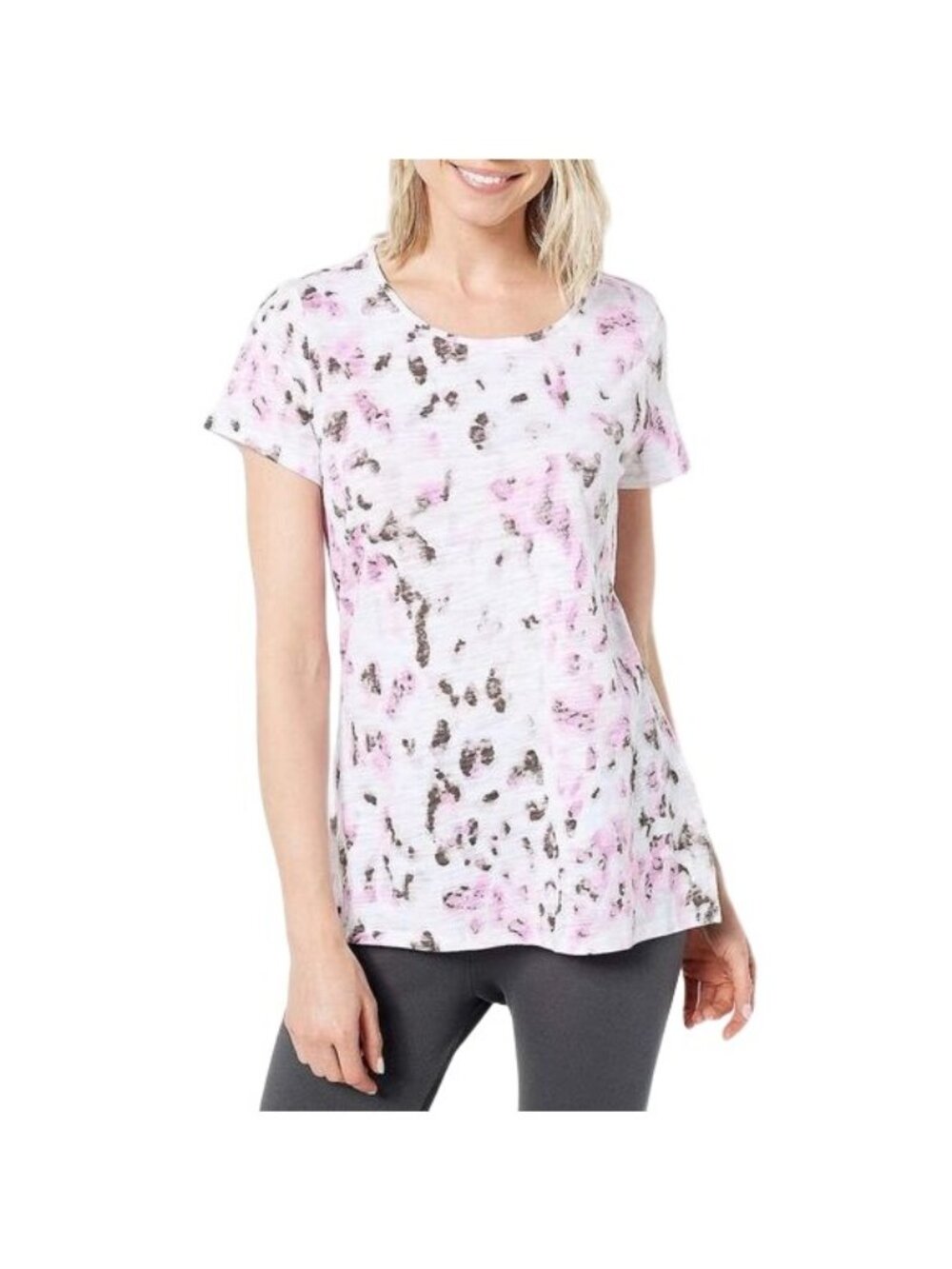 Belle by Kim Gravel Tshirt XXS Slub Knit Safari Short Sleeve Pink Floral NEW